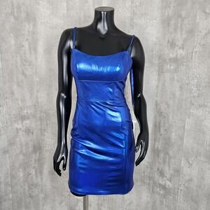 Rated PG Promgirl 4‎ Wet Look Blue Metallic Mini Cocktail Dress Lace Up Back